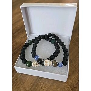 Lava Stone/Stone Bead Stone Skull Bead Stretch Stacking Bracelets Set of 2-6.5"